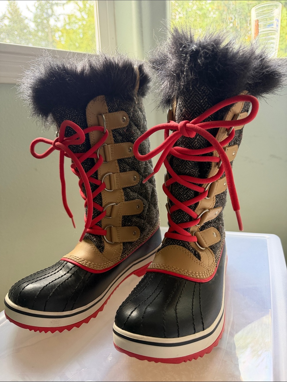 Sorel Black, Tan & Red Women's Insulated Winter Boots with Faux Fur Cuff